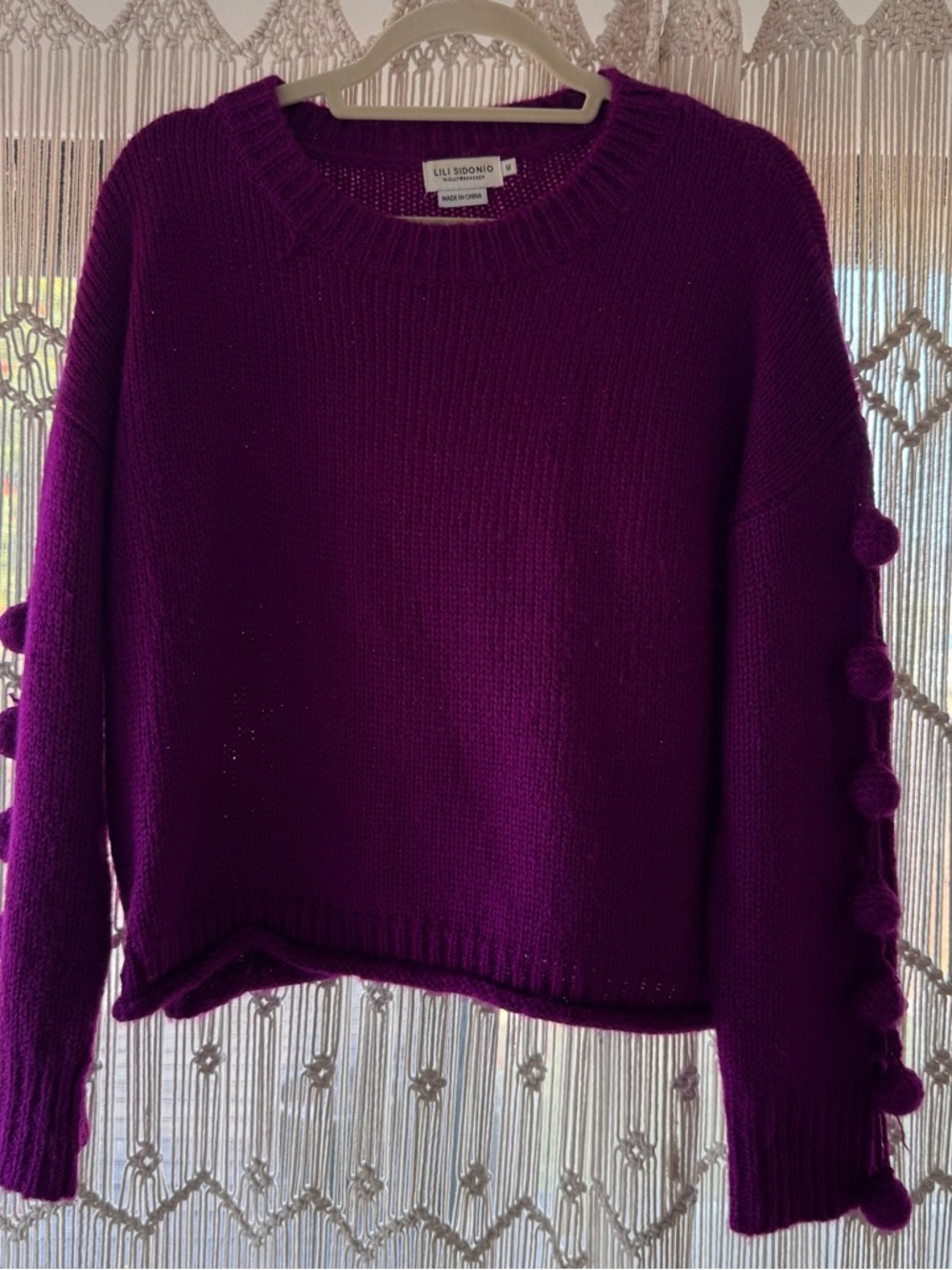 Anthropologie Purple Pom-Pom Sleeve Crewneck Sweater